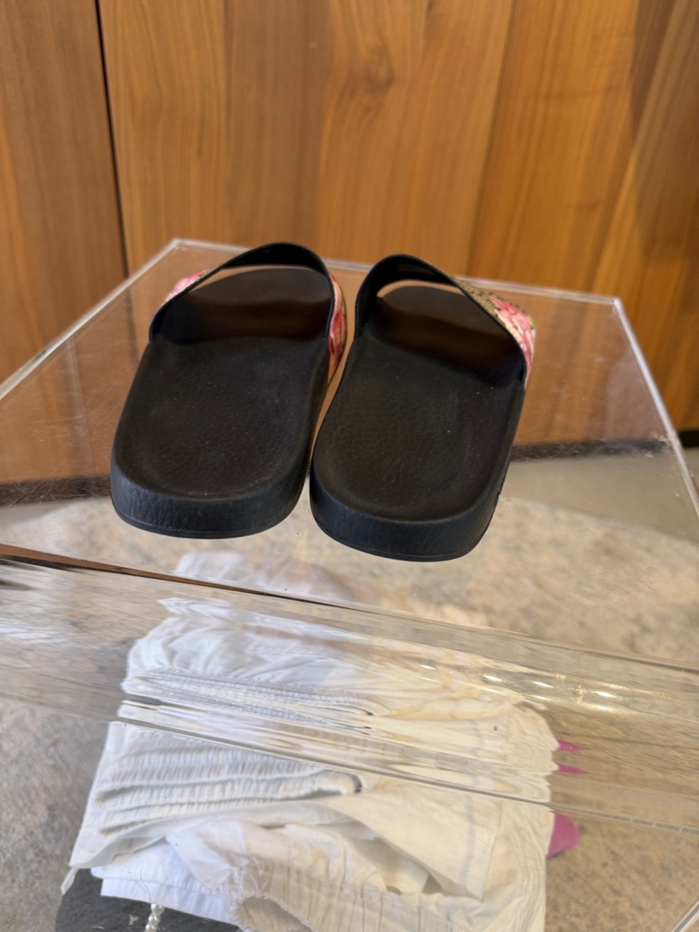 Gucci Floral Monogram Slide Sandals in Black with Pink and Green Accents - Picture 9 of 12